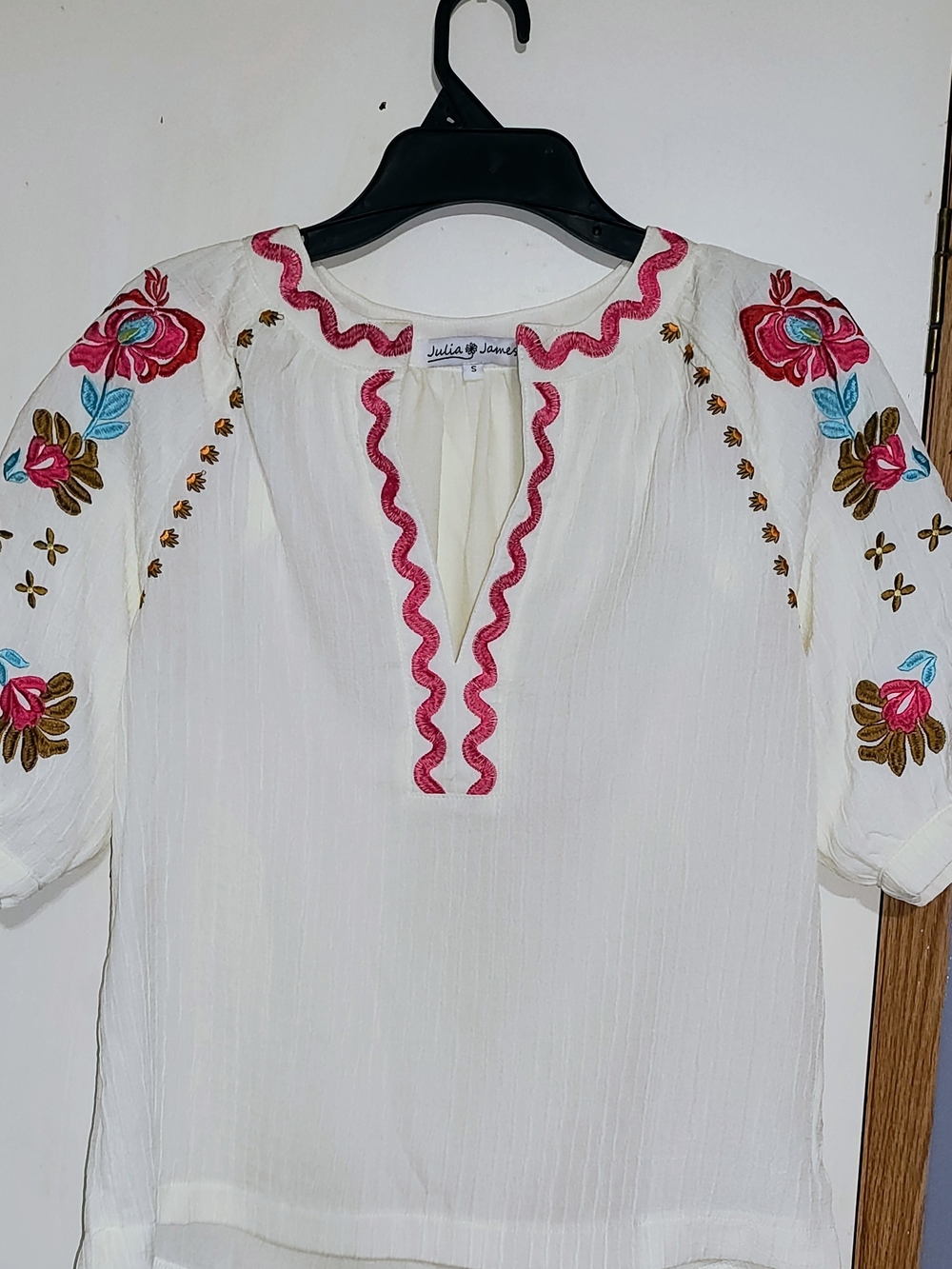 White Embroidered Peasant Blouse with Pink Trim
